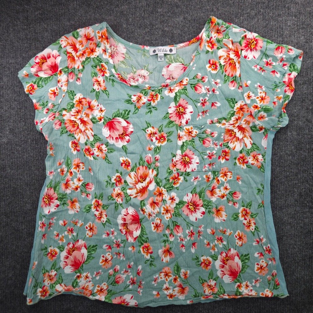 Wilde Floral Top Womens XL Green Rayon Short Sleeve Relaxed Fit Cottagecore